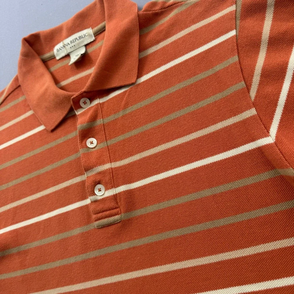 Banana Republic Mens Orange Striped Polo Shirt Medium Cotton Pique Short Sleeve